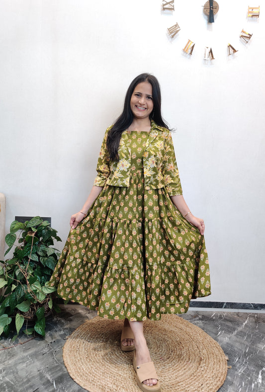 "Ziya" Floral Cotton Dress with Printed Jacket